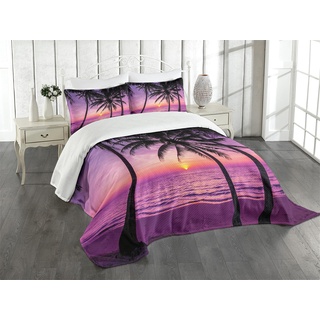 ABAKUHAUS Ozean Tagesdecke Set, Palmen Silhouette Lila, Set mit Kissenbezügen Ohne verblassen, für Doppelbetten 220 x 220 cm, Lila schwarz