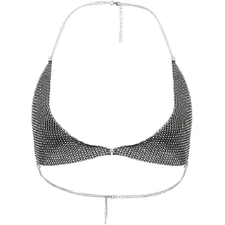 PURFUN Bauchfreies Oberteil mit glitzerndem Metall und Strasssteinen, für Damen, Neckholder, Triangel-BH, Körperkette, Raves, Strand, Pool, Party, Bikini-Oberteil, Schwarz, Einheitsgröße