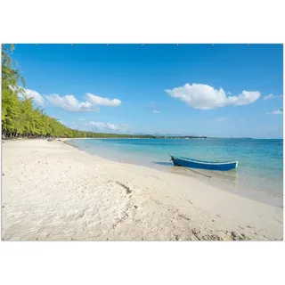 Wallario XXL Outdoor-Poster für Garten oder Balkon, Motiv Boot an einem tropischen Strand, in ca. 400 x 280 cm - Blau