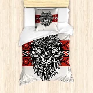 ABAKUHAUS Wolf Mantele, Tattoo-Art-Tier Gesicht, Milbensicher Allergiker geeignet mit Kissenbezügen, 135 cm x 200 cm - 80 x 80 cm, Rot Schwarz-Creme - Rot