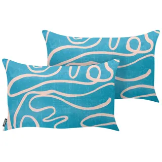 BELIANI Gartenkissen 2er Set Türkis Stoffbezug mit Füllung 30x50 cm Abstrakt Zweifarbig Moderne Dekokissen für Draußen Outdoor - Blau, Beige