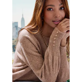 Rundhalspullover LASCANA, Damen, Gr. 32/34, braun (taupe meliert), Strick, Obermaterial: 52% Polyester, 44% Polyacryl, 4% Elasthan, meliert, figurumspielend hüftlang, Rundhals, mit Knöpfen, Pullover Rundhalspullover, mit Zierknöpfen, Winterpullover, kuscheliges Basic, Topseller