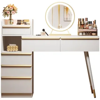modfu Schminktisch Weiß mit LED-Spiegel,Kosmetiktisch mit ausziehbarer Tischplatte,6 Schubladen und Goldgriffen,Schminkkommode 102 × 100 × 41,5 cm - Weiß