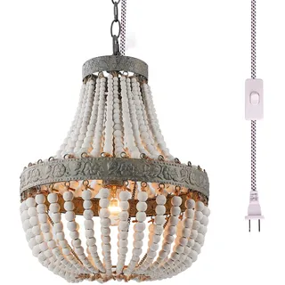 Newrays Holzperlen-Kronleuchter-Anhänger Grau Weiß Finishing Bohemian Boho Beachy Deckenleuchte Leuchten, Plug-in