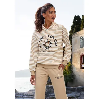 Kapuzenpullover H.I.S, Damen, Gr. 32/34, braun (camel gestreift), Sweatware, Obermaterial: 60% Baumwolle, 40% Polyester, gestreift, bequem hüftlang, Rippbündchen, Pullover Kapuzenpullover, im Streifenlook mit großen Print, Loungewear, Topseller