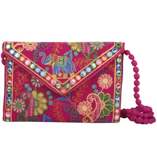 Craft Trade Rajasthani Mini Clutch-Taschen für Frauen Indisch Jaipuri-Kunst Handtasche für Damen Handbestickte Clutch Umhängetasche für Hochzeits Party und Geschenke (Rosa)