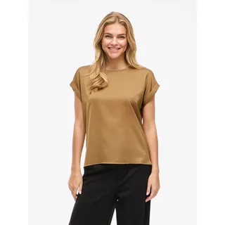 Kurzarmshirt VILA "VIELLETTE S/S SATIN TOP - NOOS", Damen, Gr. 34, braun (bistre), Satin, Obermaterial: 100% Polyester, unifarben, regular fit normal, Rundhals, mit Umschlag, Shirts Kurzarmshirt, Kunstfaser, regular fit