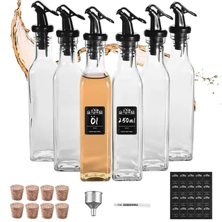 FNLLC Ölflasche,Ölspender mit Trichter 6 x 250 ml, Ölflasche aus Dickem Glas ohne Blei, Essig und Ölflaschen Set für Küche und BBQ, Öldüse und Korkdeckel mit Guter Luftdichtigkeit