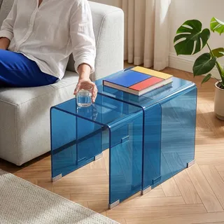 Satztisch 'Kariengem' 2-tlg. Couchtisch-Set Glastischen Blau - Blau