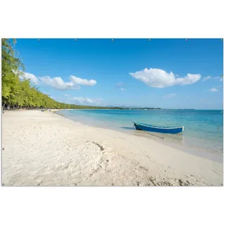 Wallario XXL Outdoor-Poster für Garten oder Balkon, Motiv Boot an einem tropischen Strand, in ca. 300 x 200 cm - Blau