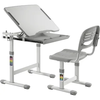 Kinderschreibtisch Zeichentisch mit Schreibtischstuhl - ergonomisch höhenverstellbar - Schulbank - Grau