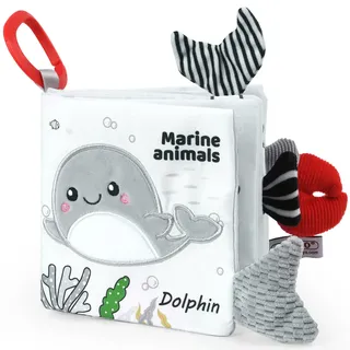 Vicloon Stoffbuch für Babys, Babybuch Knisterbuch Baby ab 0 Monate, Interaktives Bilderbuch Babyspielzeug Plüschtier Babybücher Knisterbuch Baby Kinderwagenspielzeug(Meereslebewesen)