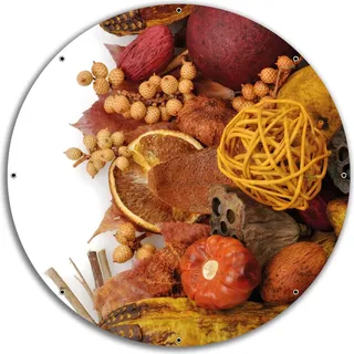 Wallario rundes Outdoor-Poster für Garten oder Balkon, Motiv Herbststimmung - Trockenfrüchte, Nüsse und Samen - Herbstdeko, 60 cm Durchmesser - Weiß