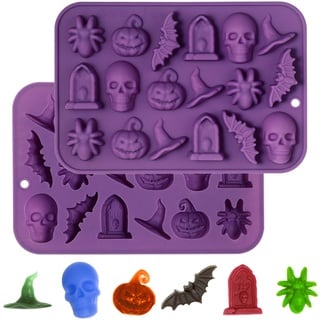 Webake Halloween Bakcform Silikon Pralinenform 2 Stück Schokoladenform Totenkopf Kürbis Geist Fledermaus Hexe Hut Grabstein Silikonform für DIY Halloween Schokolade, Süßigkeiten, Gelee