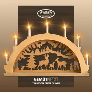 Schwibbogen WEIGLA "Winterwald mit Hirschfamilie, Lichterbogen aus Holz, NATUR", natur, B:52cm H:32cm T:4,5cm, Holzwerkstoff, Schwibbögen, Schwibbogen