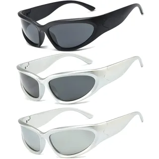 Long Keeper 3 Paar Futuristisch Vintage Sonnenbrille für Herren Damen Y2k Retro Wrap Around UV400 Radsportbrillen Fahrradbrille Sportbrille