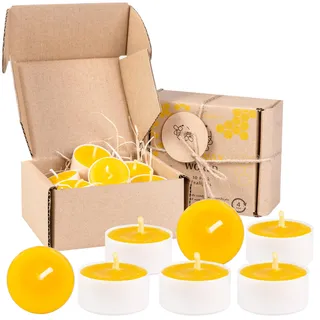 BeesWax World Teelichter aus 100 % natürlichem Bienenwachs | 10-50-teiliges Set mit stabilen Dochten | Ø 37 mm | 4 Std Brenndauer – Metall | Transparent | Weiß – Allergiefrei (Weiß, 10)