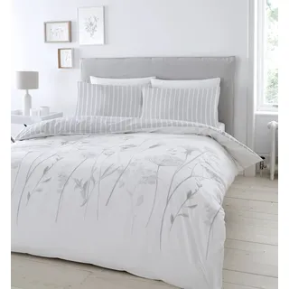 Catherine Lansfield Meadowsweet Floral 135 x 200 cm Duvet Cover and 1 80 x 80 cm Pillowcase White/Grey
