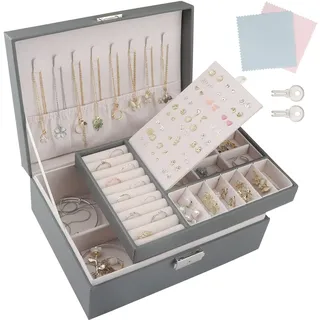TEIVUL Schmuckkästchen,Damen 2-schichtige Schmuckaufbewahrung,PU-Leder Schmuckkasten mit Schloss,geeignet für Halsketten,Ringe,Ohrringe,Armbänder,Jewelry Organizer für Frauen und Mädchen (grau)