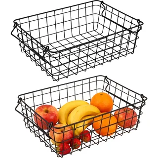 SYUTBOU 2 Stück Drahtkorb Metallkorb, 37 x 26 x 12 cm Schwarz Gitterkorb mit Griffen, Metall Aufbewahrungskorb für Küche Bad, Obst und Gemüse