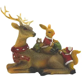 Hirschdeko, Deko-Rentier, Deko-Hirsch mit Schal, Hirschfigur, Rentierfigur, Hirsch mit Geweih und auf ihm sitzenden Hase, Eule, Igel und Eichhörnchen aus Keramik in Bunt; L/B/H 20 x 10 x 16cm.