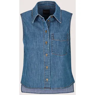 Hemdbluse MADELEINE "Jeansbluse Modernes Denimtop mit Hemdkragen", Damen, Gr. 44, blau, Obermaterial: 98% Baumwolle CO. 2% Elasthan EL., Modern, schmal, Blusen Hemdbluse, Bluse mit Brusttasche und Rücken länger als Vorderteil