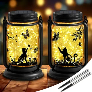 2 Pcs Katzen Solarlaterne Außen Gartendekor, 3-in-1 Katze Maurer Glas hängende Laternen mit Stake, Geschenke für Katzenliebhabe Mutter Weihnachten, Freien Wasserdicht Lichter für Patio Yard Balkon