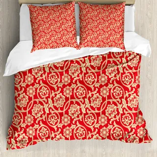 ABAKUHAUS Chinesisch Bettbezug, Chinesische Blüten und Curls, Milbensicher Allergiker geeignet mit Kissenbezügen, 155 cm x 220 cm - 80 x 80 cm, Vermilion Beige - Beige