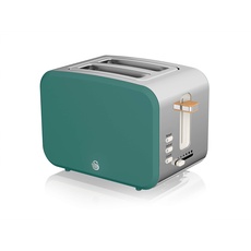 Swan Nordic Breitschlitz-Toaster für 2 Scheiben, 3 Funktionen, 6 Bräunungsstufen, modernes Design, Edelstahl, Griff in Holzoptik, mattgrün