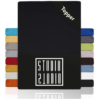 STUDIO Basic Topper Spannbettlaken 140x200cm – Jersey-Spannbetttuch aus 100 % gekämmter Baumwolle – Schwarz – bügelfrei, elastisch & Oeko-TEX Zertifiziert – für Topper 4–14 cm