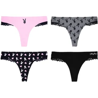 Playboy Damen Amazon Exclusive Juniors unterwäsche-und BH-Sets mit Häschen-Print in Den Größen XXS-XL Tangahöschen, 4er-Pack Tanga mit Spitze, XS