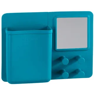 WENKO Organizer mit Spiegel und Haken Ampio Petrol - Kosmetik-Aufbewahrung, Make-Up Organizer, Befestigen ohne Bohren, Silikon, 20 x 15 x 5 cm, Petrol