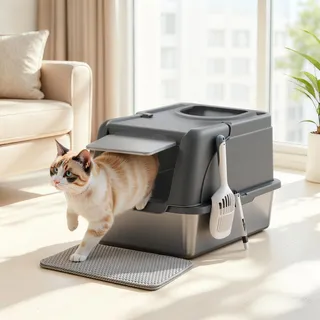 Feandrea Katzenklo Edelstahl, XL, Katzentoilette mit Deckel, mit Schaufel, Bürste und 2 Eingängen, für Katzen bis 15 kg, tintenschwarz - Schwarz