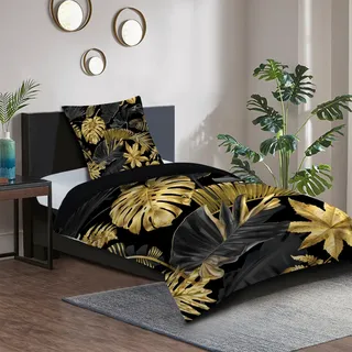 SANILO® Bettwäsche 135x200 cm, 100% feinste Baumwolle, 2-teilig, Bettbezug, Kissenbezug 80x80cm - Golden Leaves - Schwarz, Gold