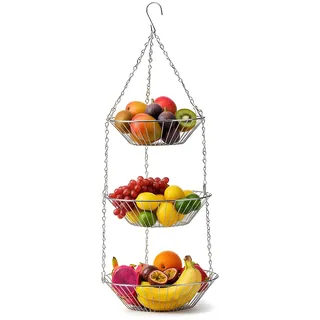 Tinsellns Edelstahl Hängender Obstkorb, Metall Hängender Obstkorb mit Haken, H x D: 74 x 28 cm, Obstschale, Ideal zur Aufbewahrung von Obst, Gemüse, Brot und Lebensmitteln