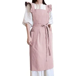 Small snail Frauen Retro Baumwolle Schürze Solide Farbe Japanisch Stil Rüschen Schurz mit Groß Taschen Kreuz Rücken Schürzen Blume Laden Cafe Backen Beiläufig Schürze(Rosa)