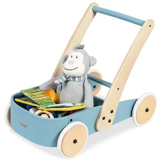 PINOLINO Lauflernwagen Fiete, Kinder Laufhilfe mit Bremssystem, gummierte Holzräder, Massivholz: Buche blau lackiert
