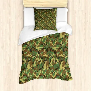 ABAKUHAUS Camo Bettbezug Set, Waldland-Tarnungs-Muster-abstrakte Verdeckung, die im Dschungel sich versteckt, 135 x 200 cm + 80 x 80 cm, Grün Braun Dunkelgrün