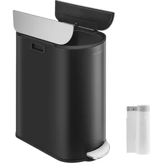 SONGMICS Mülleimer Küche, Mülltrennsystem 2 Fächer, 30 L und 20 L, schmaler Abfalleimer, Treteimer für Recyclingmaterialien und Abfall, mit 2-teiligem Deckel, tintenschwarz-metallicsilber LTB570B02
