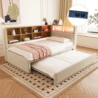 Ball & Cast Schlafsofa (90x200cm & 90 * 190cm) Tagesbett mit USB-Anschlüssen und Leuchten, Einzelbett mit Mehreren Ablagefächern, Ohne Matratze, Beige