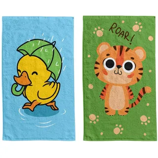 damaloo 2X Kinderhandtuch 30x50cm mit Tiger Motiv aus Baumwolle - Händetuch für Jungen – Ente Gästehandtuch Set - Gesichtstuch klein - Kleiner Waschlappen 30x50 cm - Kinder Handtuch für Mädchen