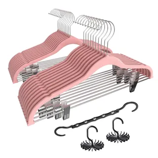 VECELO Premium Samt-Kleiderbügel mit Metall-Clips, rutschfest und platzsparend, mit 1 magischen Kleiderbügeln und 2 Krawattenhaltern, ideal für Damen und Herren, 20 Stück