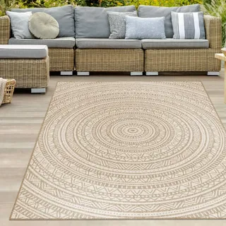 Ethno-Outdoor-Teppich Terrassenteppich rund in Beige und Weiß – Modern, robust und vielseitig Größe - 140 x 200 cm - Creme, Weiß