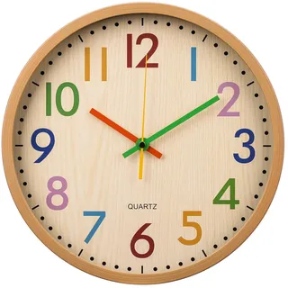 APIELE 12 Zoll Silent Bunte Buchstaben Kinder Wanduhr Modern Holzmaserung Quarz Nicht Zeit Reisen Kein Ticken Wanduhr Kinder Schlafzimmer Küche Wohnzimmer Schule