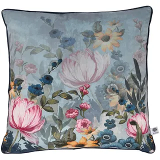 Appletree Kissen mit Blumenmuster (43 x 43 cm), weiches Samtkissen, Füllung im Lieferumfang enthalten, paspelierter Rand, Botanisches Kissen in Blaugrün, Blumenkissen mit Bezug, Kissenfüllung