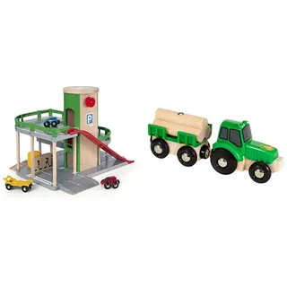BRIO World 33204 Parkhaus, Straßen & Schienen – Eisenbahnzubehör Holzeisenbahn – Empfohlen für Kinder ab 3 Jahren & Bahn 33799 - Traktor mit Holz-Anhänger