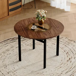Runder Esstisch 100 cm, Braun, Holzmuster, Glas+MDF, minimalistisch, 4-6 Personen - Braun