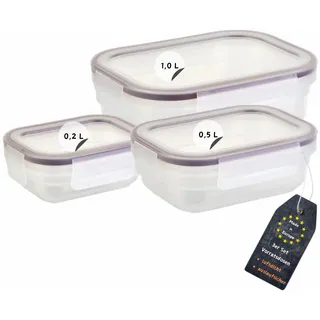 Engelland - 3er Set Aufbewahrungsdosen mit Deckel, luftdicht, auslaufsicher, stapelbar, Vorratsdose, BPA-frei, Kunststoff, verschiedene Größen, 0,2 L / 0,5 L / 1,0 L, transparent