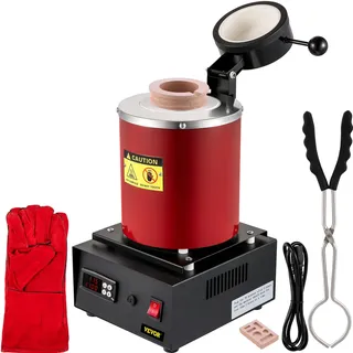 Vevor Goldschmelzofen 1350 W 1150 °C Max. Temperatur, digitaler elektrischer Schmelzofen 3 kg Keramiktiegel mit Barrenmatrize & Handschuhen, zur Verarbeitung von Gold Silber Kupfer Aluminium rot
