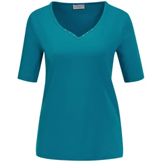 Langarm-Poloshirt GOLDNER "Halbarm Basic-Shirt aus Baumwolle", Damen, Gr. 54, blau (petrol), Obermaterial: 95% Baumwolle CO. 5% Elasthan EL., V-Ausschnitt, Tubular, Shirts Langarm-Poloshirt, Ausschnitt in Herzform mit Schmucksteinen verziert
